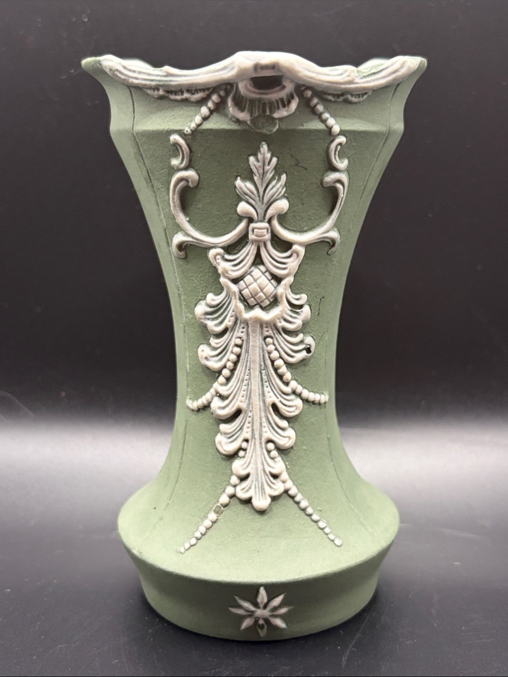 Schafer & Vater Antique Sage Green Jasperware Bisque Porcelain Vase Vessel